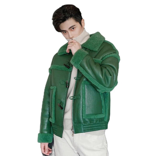 Sheepskin Shearling Jacket – Green, Turn-Down Collar