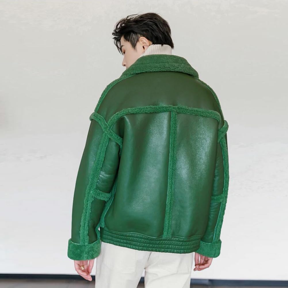 Sheepskin Shearling Jacket – Green, Turn-Down Collar