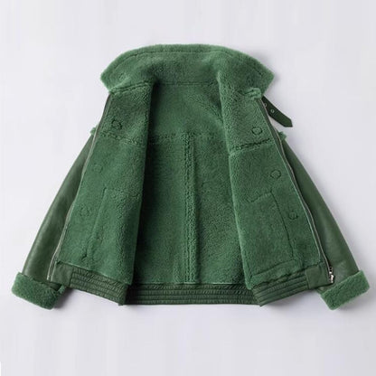 Sheepskin Shearling Jacket – Green, Turn-Down Collar