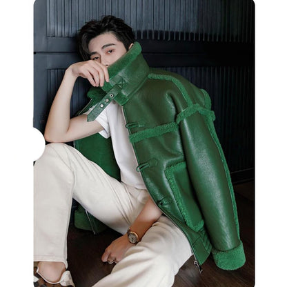 Sheepskin Shearling Jacket – Green, Turn-Down Collar