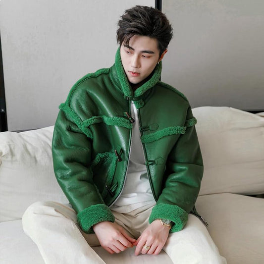 Sheepskin Shearling Jacket – Green, Turn-Down Collar